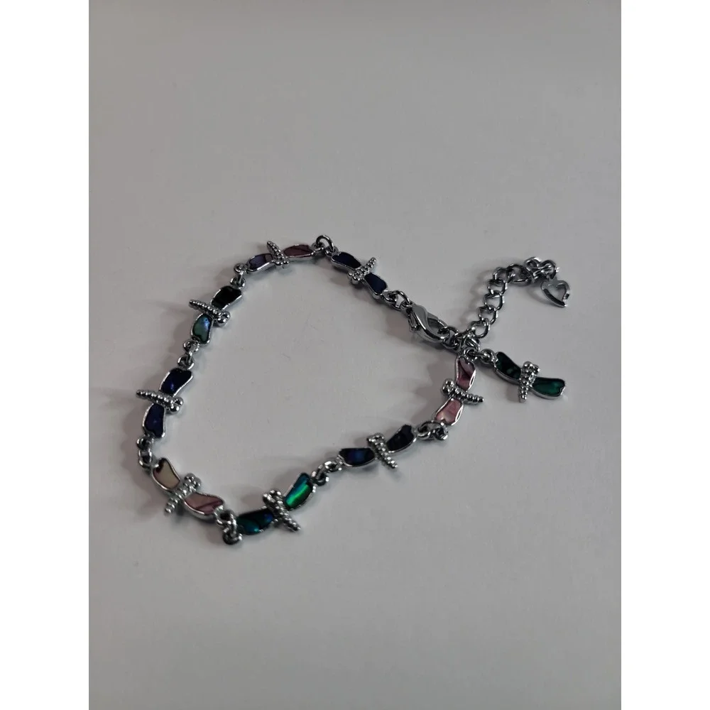 Silver Tone Multi Color Dragonfly Link Bracelet Nature Colorful Boho